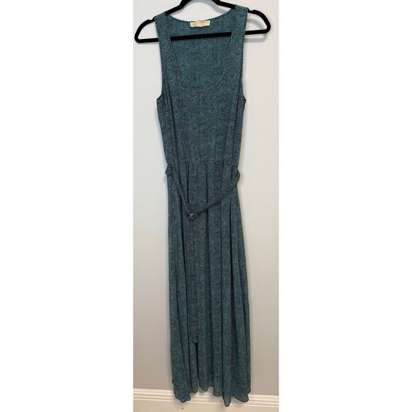MICHAEL KORS Teal & Black Animal Print Sleeveless Pleated Maxi Dress Tie Waist M - Picture 2 of 7